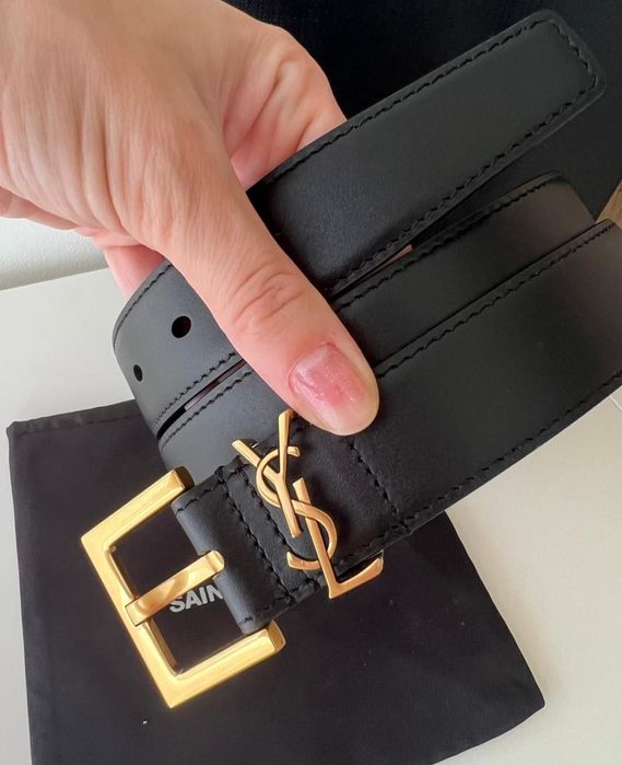 Nowy Skórzany Pasek Damski YSL czarny złoty