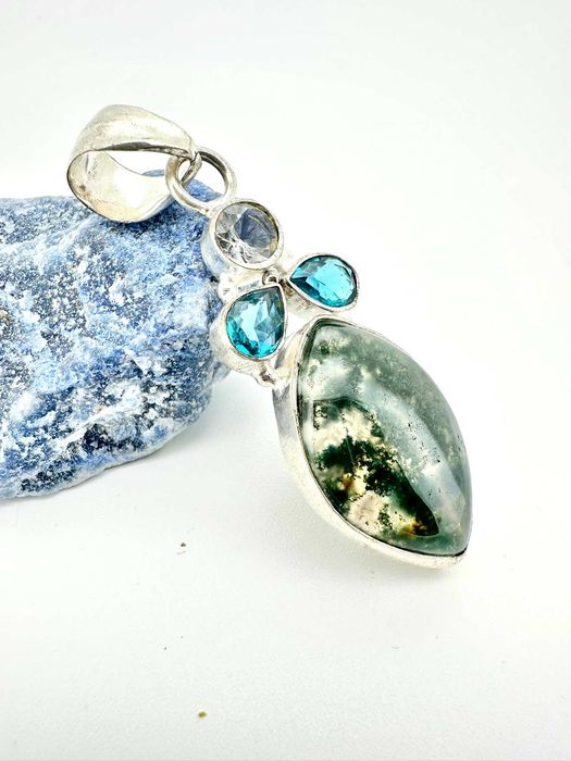 zawieszka, wisior kamień naturalny
Agat mszysty, topaz. Próba 925
