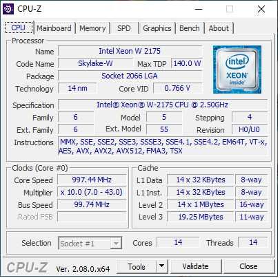 s2066 CPU для ПК: Intel Xeon W-2175: 14/28 ядер, ≤4.3 ГГц, 19MB, 140W