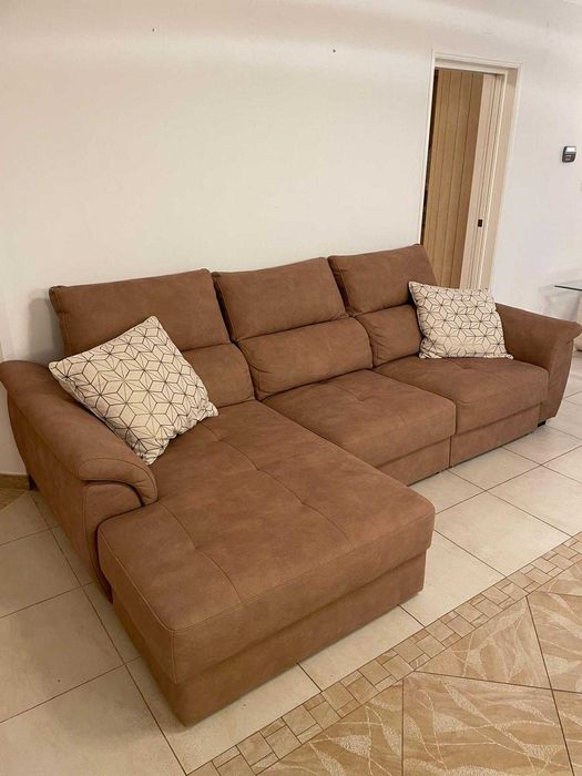 Conjunto de Sofás Chaise Longue Castanho em Tecido Suave