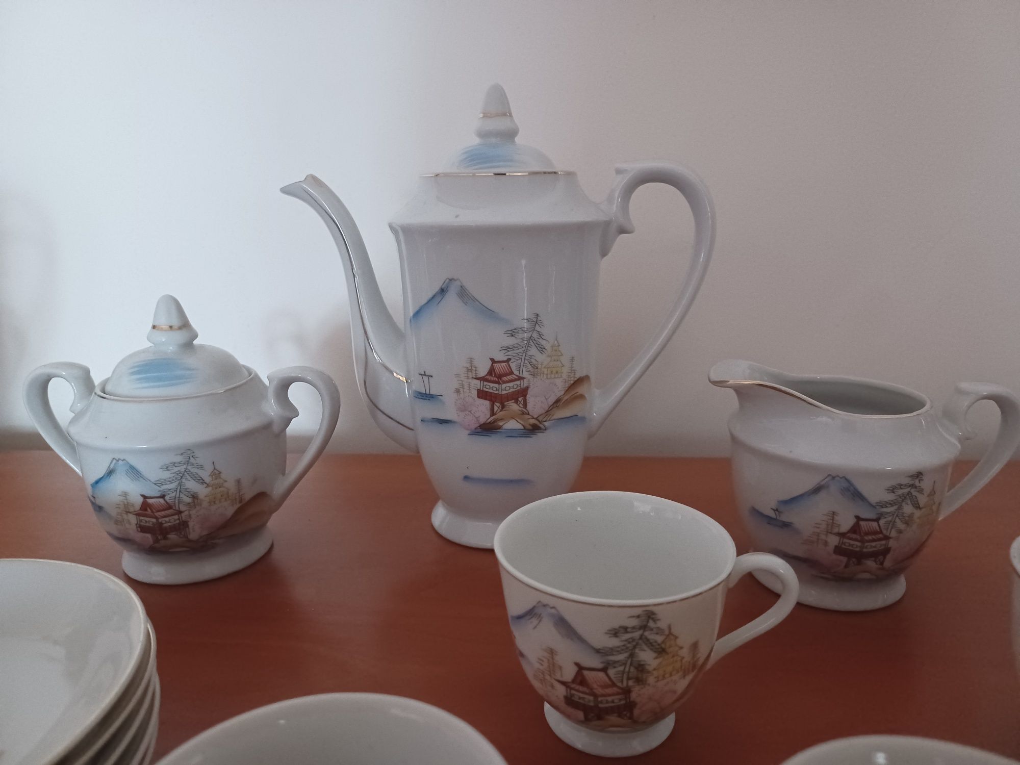 Serviço de Café Chinês com litofano de Gueixas