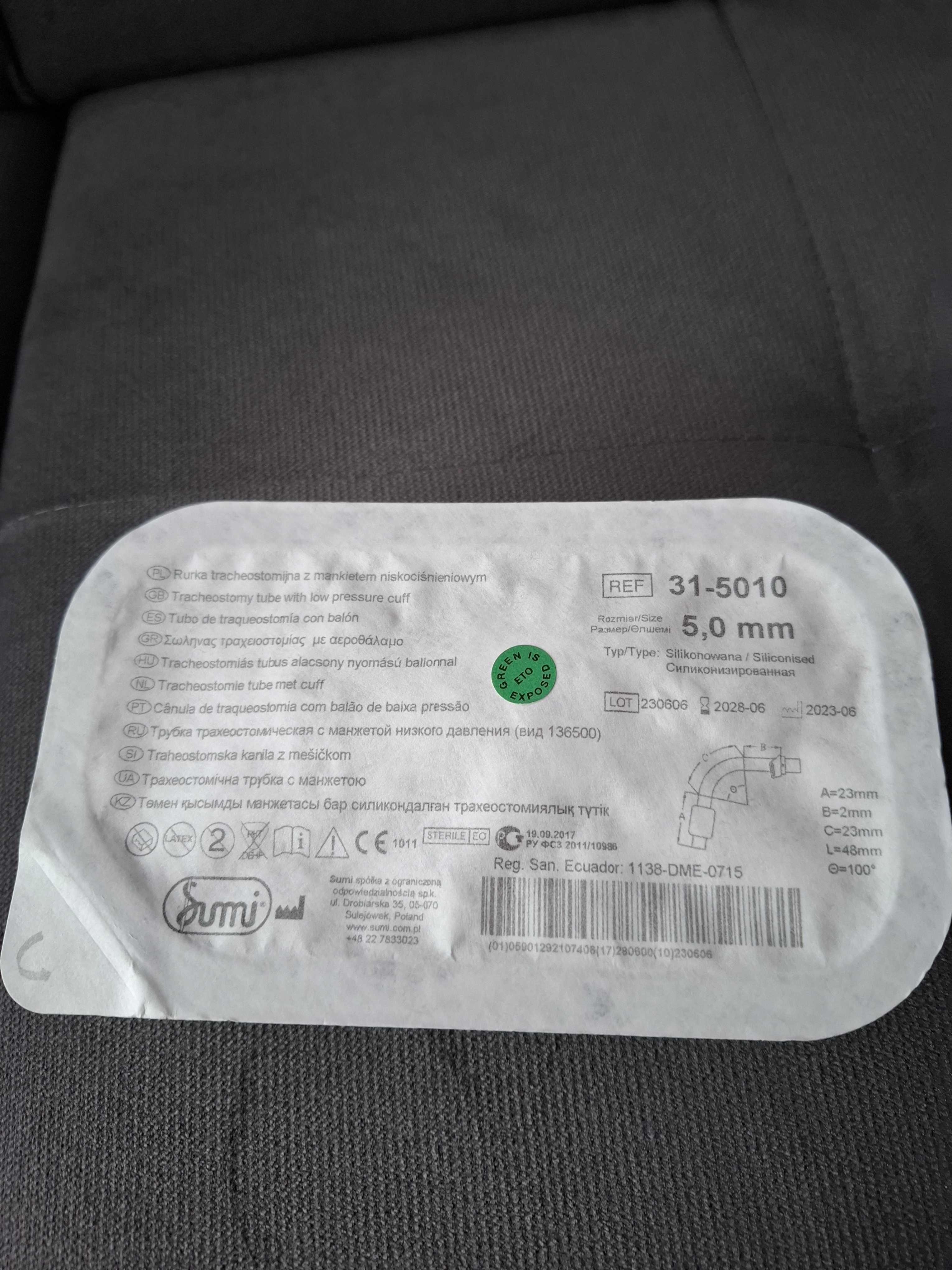 Rurka tracheostomijna marki Sumi z mankietem, rozm. 5