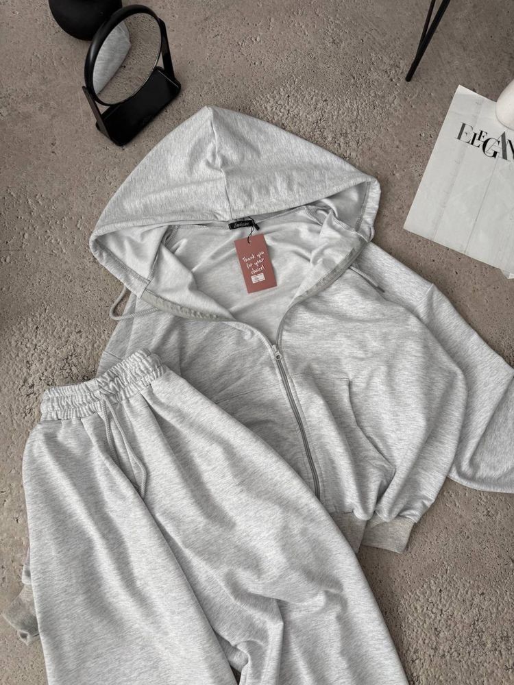 Жіночий костюм штани і худі кофтазіпка сірий Oversize 42-46 двохнитка