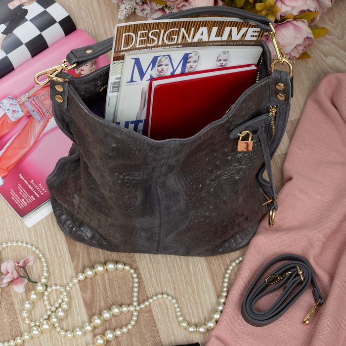 VERA PELLE torebka zamszowa worek shopper z kłódeczką V493 c.szara