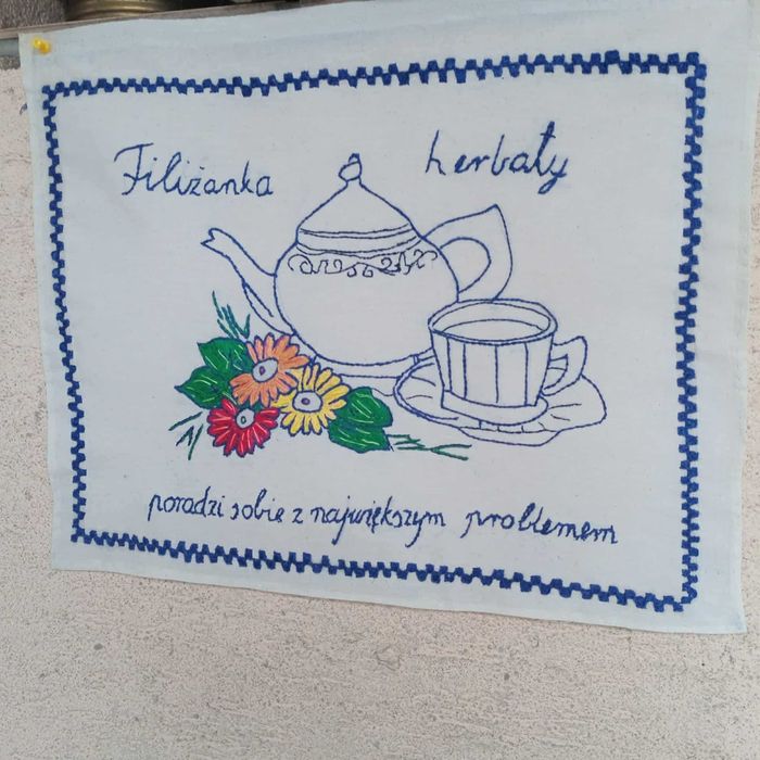 Makatka ścienna ręcznie haftowana nowa/Filiżanka herbaty poradzi ...