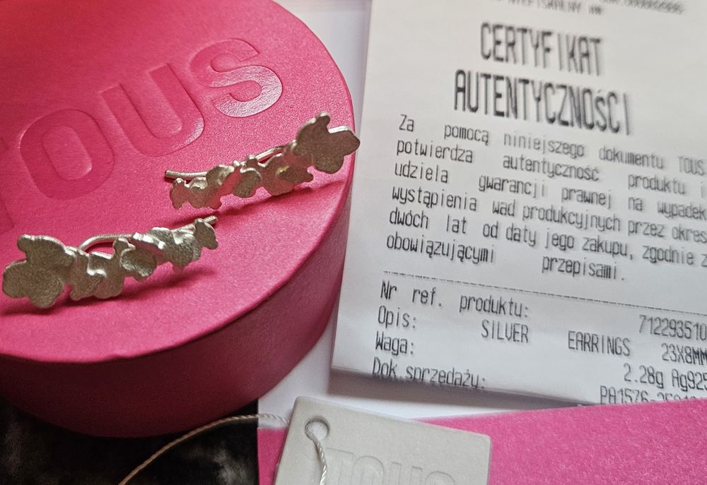 kolczyki srebrne TOUS nausznice ze srebra nowe certyfikat misie orygin