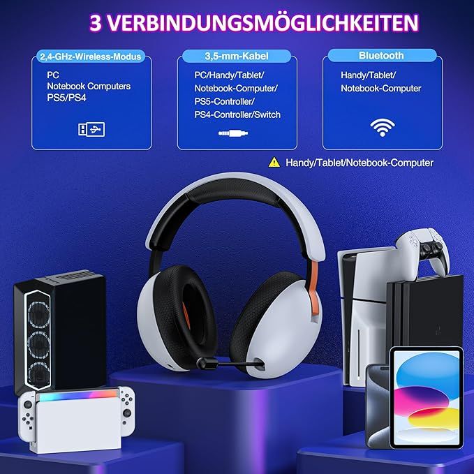 HASACOOL Bezprzewodowy Zestaw Słuchawkowy Gamingowy z Mikrofonem Biały