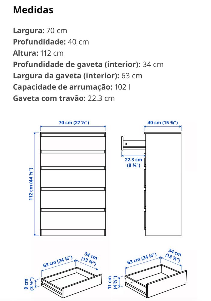 Cómoda c/5 gavetas, branco, 70x112 cm