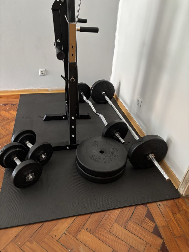 Banco de pesos plano + conjunto de halteres de 100 kg