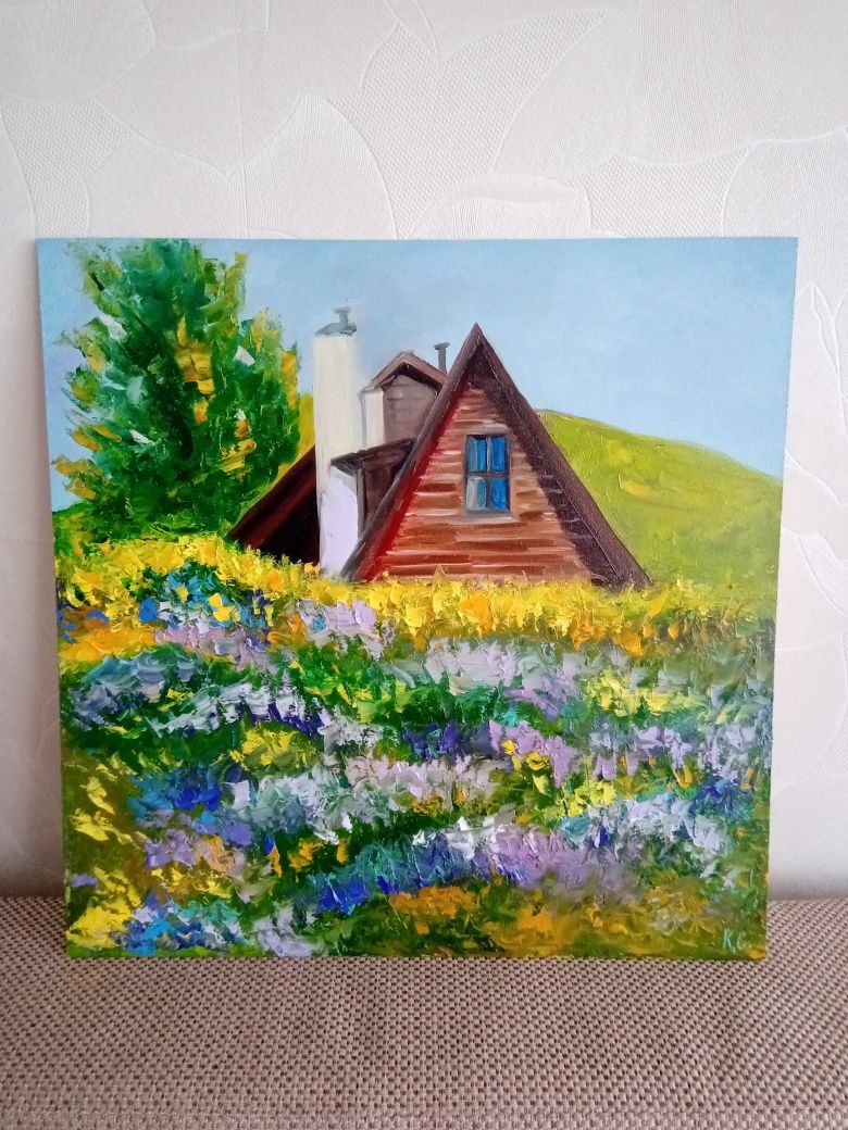 Картина пейзаж с домиком в поле, двп, масло