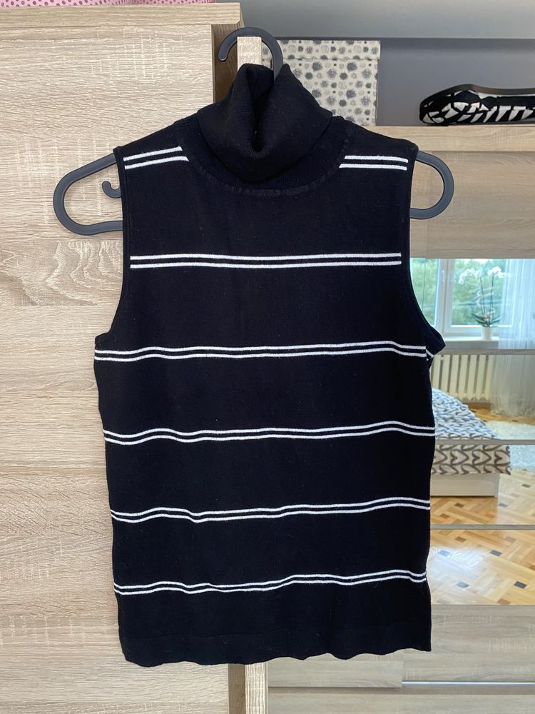 sweter sweterek czarny bez rękawów H&M z golfem białe paski golf M