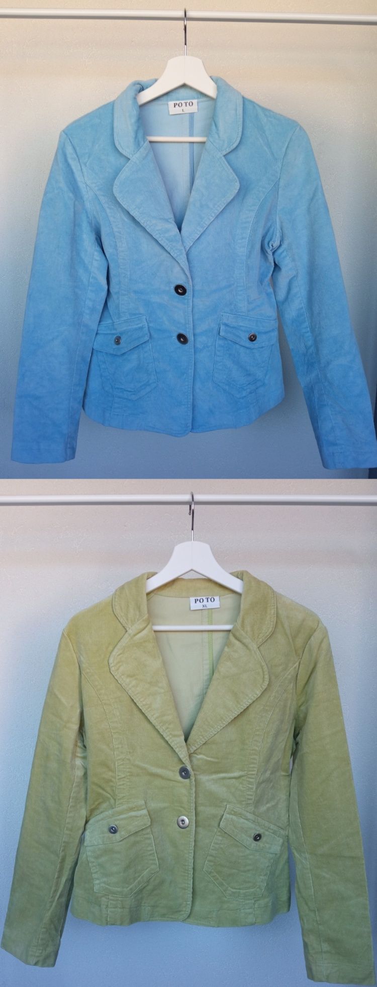 Casacos tipo blazer, em bombazine, azul-céu ou verde-água - L e XL