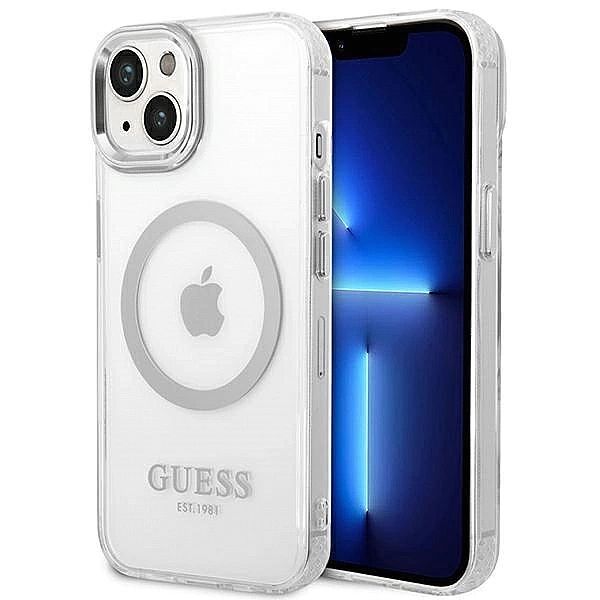 Etui Guess Metal Outline MagSafe na iPhone 14 Plus - srebrne