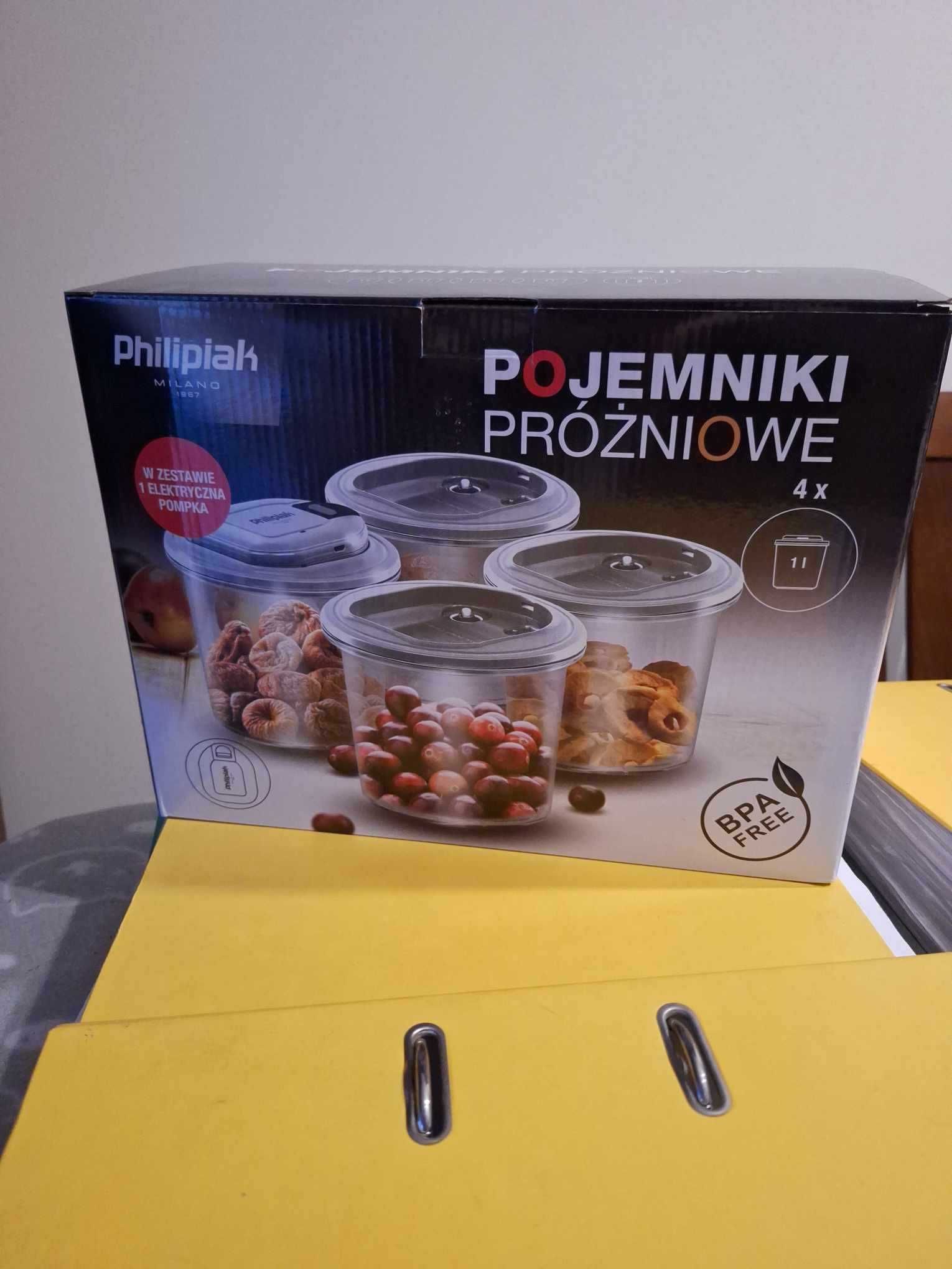 ZESTAW NOWE pojemniki próżniowe PHILIPIAK 4 x1 litr pompka elektryczna