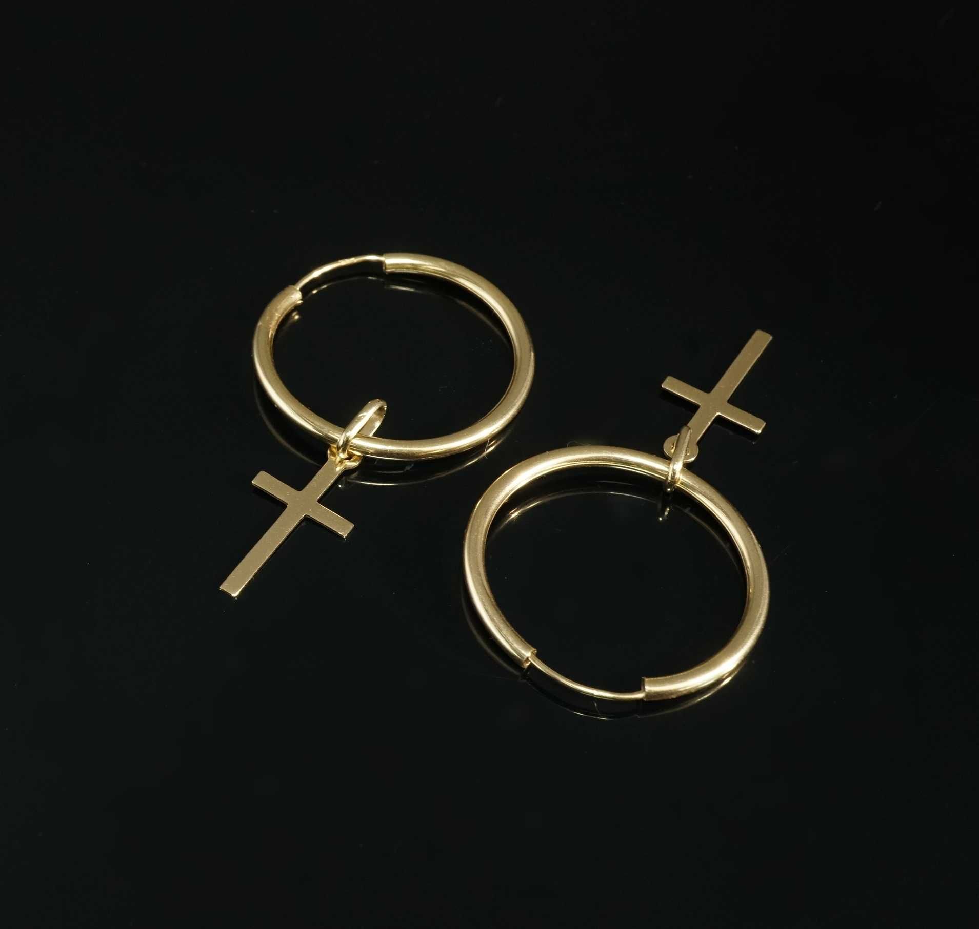 Złoto 585 - złote kolczyki, małe koła z krzyżykami. Koła 2,5 cm