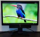 Monitor Dell U2412M Full-HD z soundbarem Dell AX510 i przewodami.
