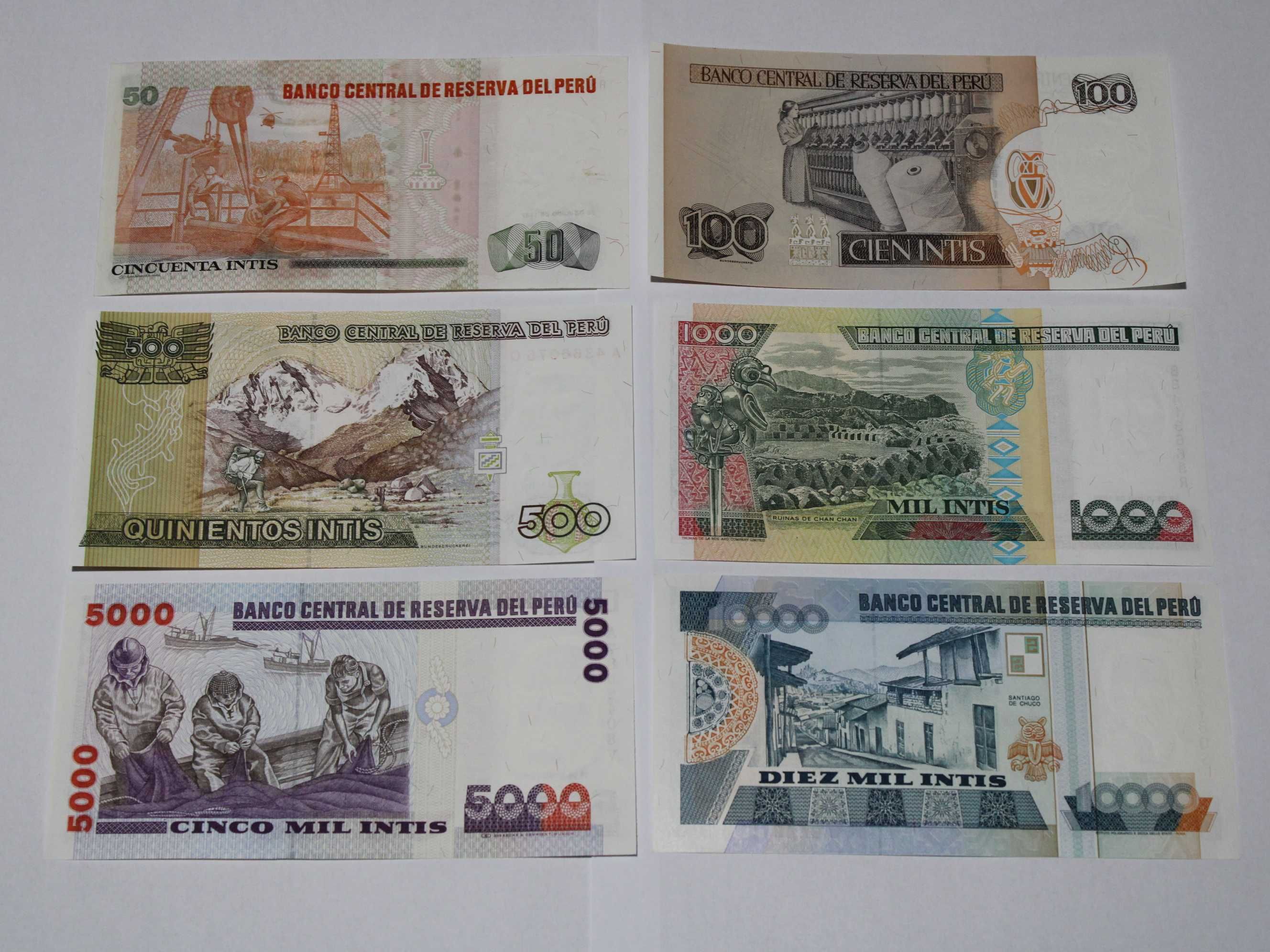 Banknoty Peru 6szt. 50, 100, 500, 1000, 5000, 10000 Intis, UNC