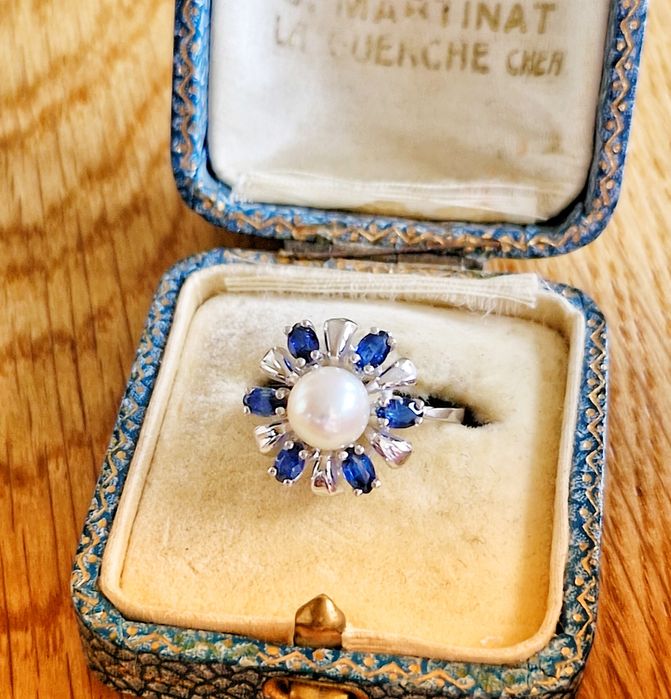 Retro pierścionek złoto 14k perła akoya szafir naturalny R16