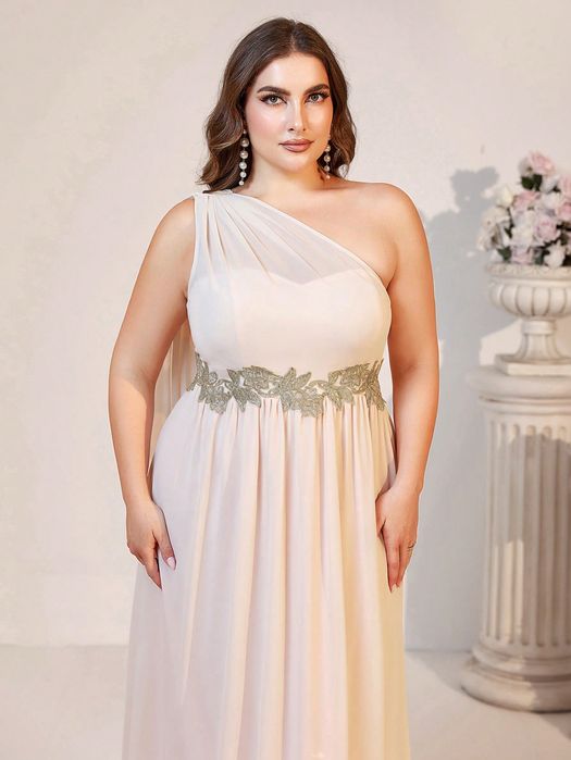 Sukienka Wieczorowa Szyfonowa Na Jedno Ramię Z Peleryną Maxi Shein 3Xl