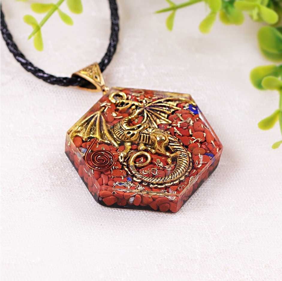 Piękny Naszyjnik Wisior Amulet Orgonit Feniks Jaspis Miedź Lazuryt