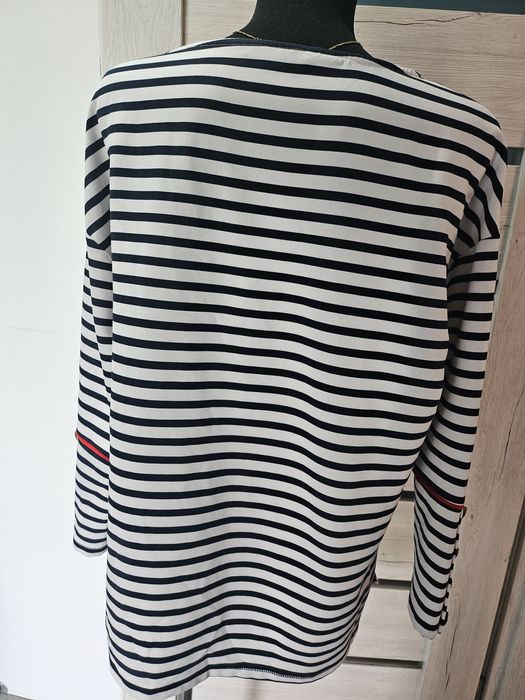 Bluzka elegancka na długi rękaw w biało granatowe paski