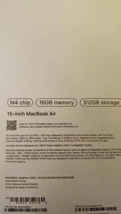 Apple MacBook Air 15", procesor M4, GPU, RAM 16 GB, dysk 512 GB SSD