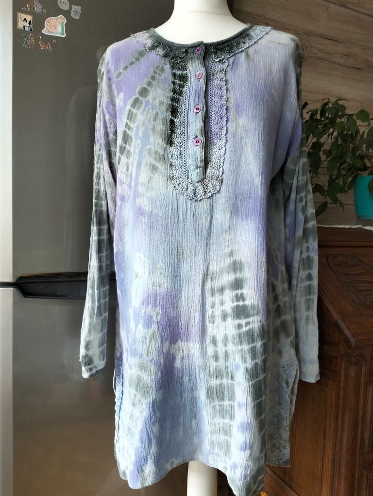 Tunika batik, z obszyciem z koronki; vintage; JORDASH; rozmiar XXL/3XL