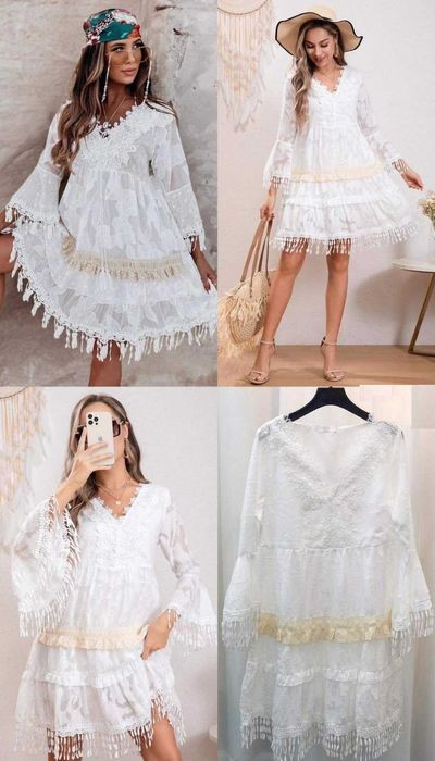 PROMOCJA sukienka boho koronka z frędzlami szerokie rękawki 38