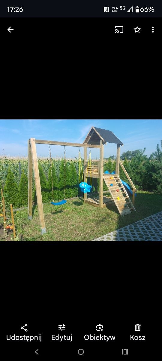 Różne place zabaw, huśtawka, ślizg drewniany domek