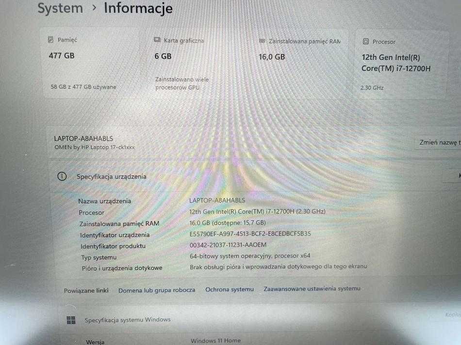 Laptop Gamingowy HP Omen 17-CK1440NW Core i7 12 Gen 512GB SSD RTX3060