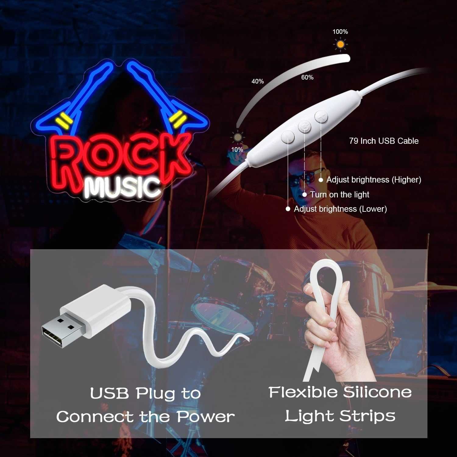 Neon LED Dekoracyjny ROCK MUSIC Wielokolorowy Ściemnialny 40x32 cm USB