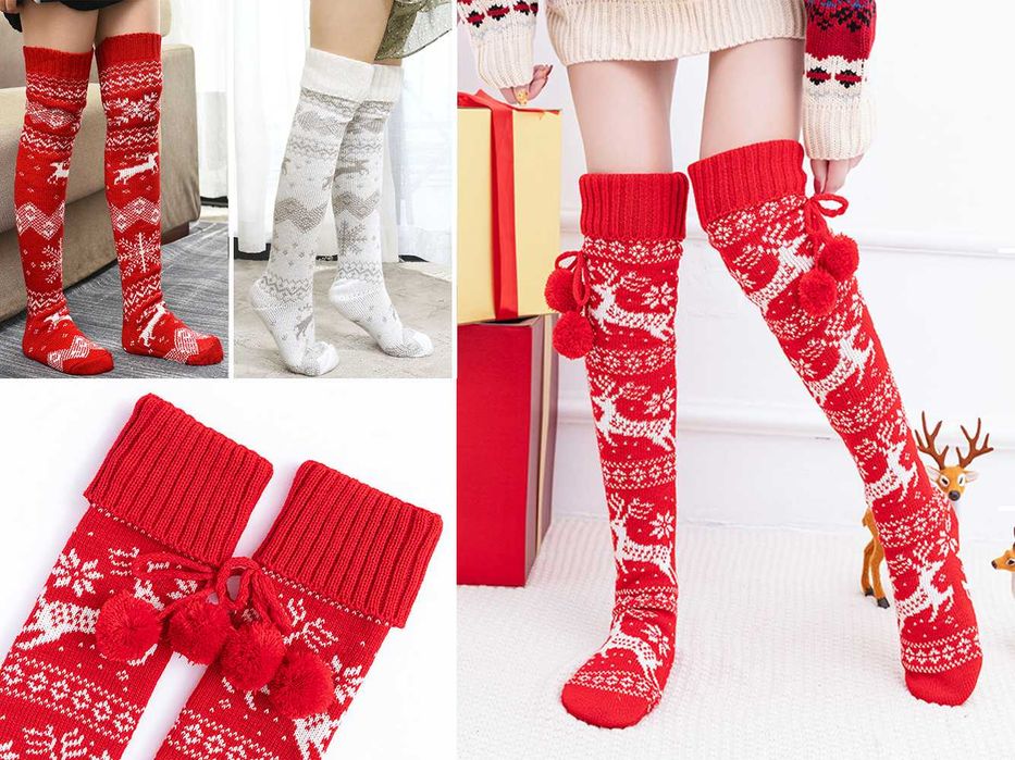 Гольфи новорічні з оленями гетри теплі червоні панчохи білі заколінки