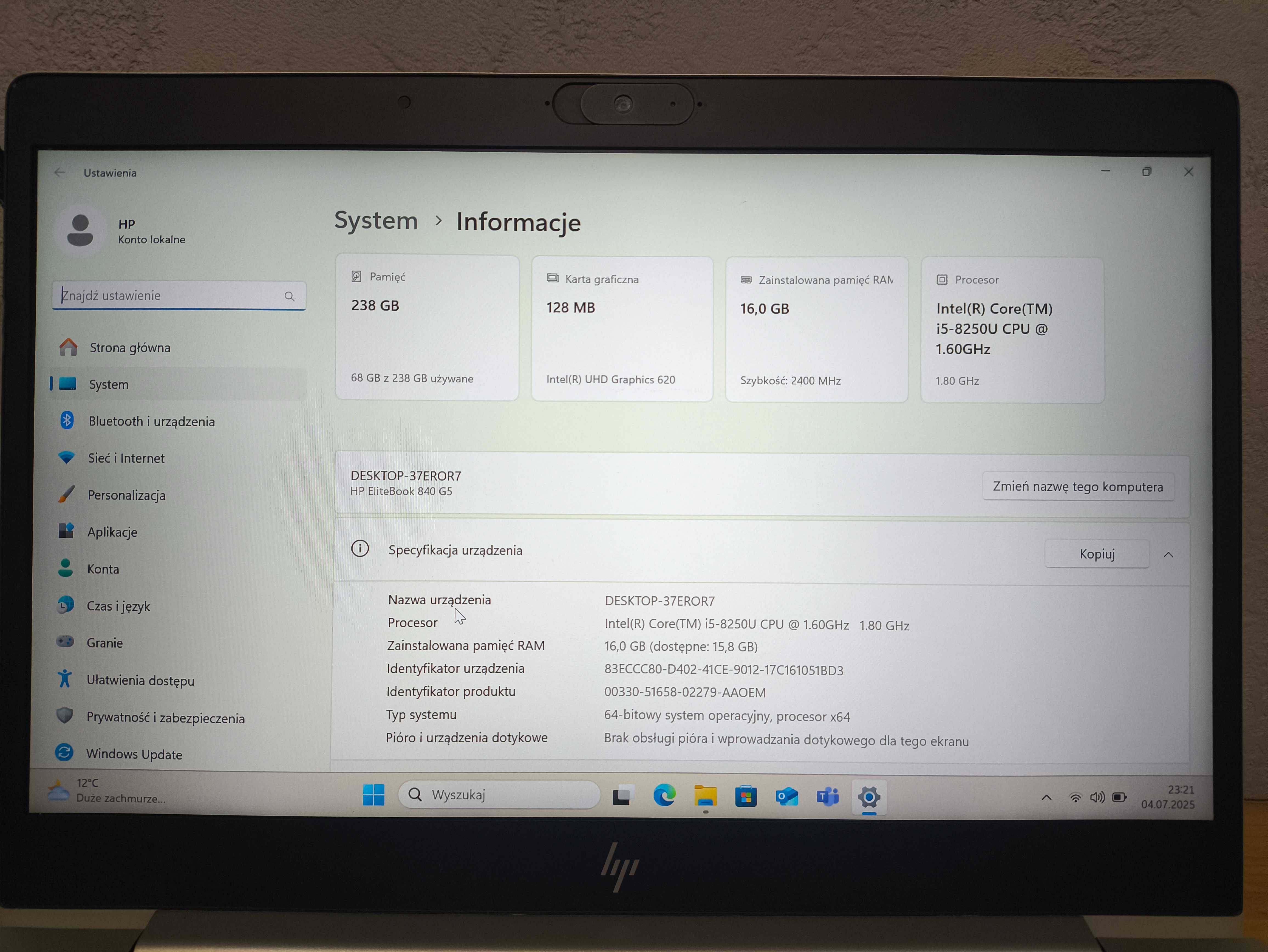 Laptop HP EliteBooK 840 G5 i5-8265U 256 SSD 16GB DDR4 Windows 11