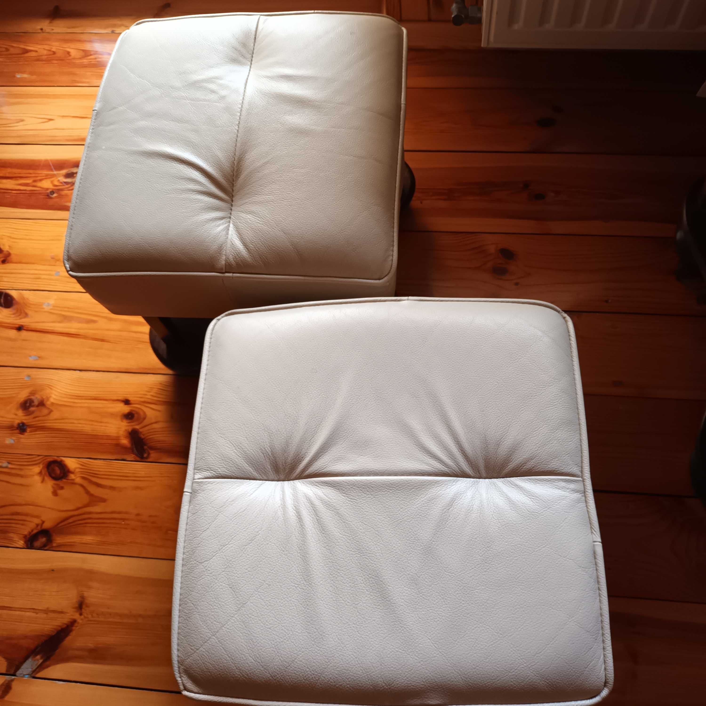 Skórzany zestaw wypoczynkowy, sofa i pufy