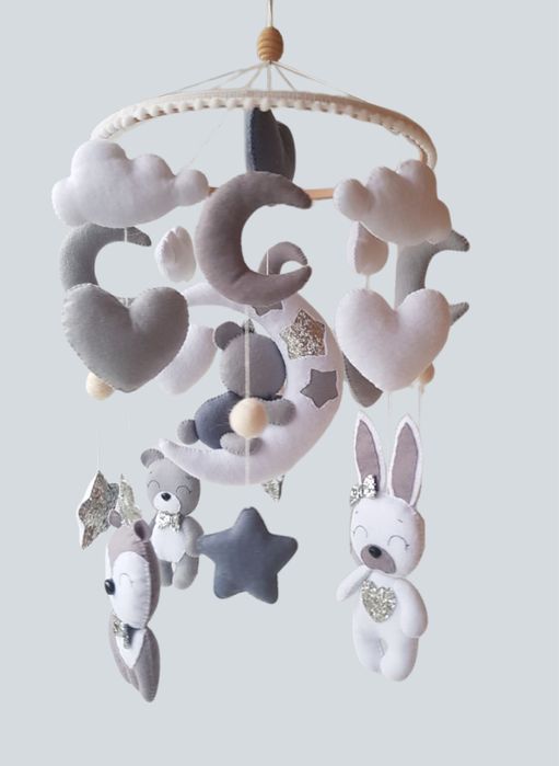 Мобіль дитячий "Ведмедик на місяці сірий" фетр