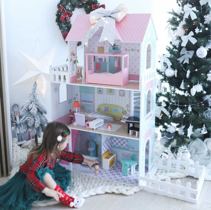 Domek dla Lalek XXL Drewniany z Tarasem i Światłem LED