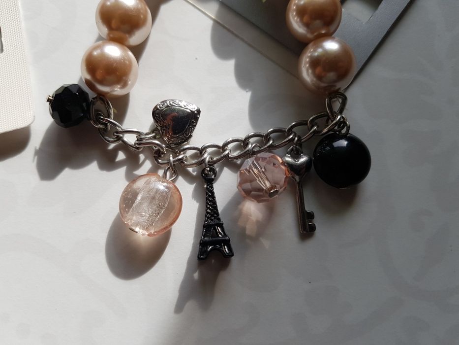 Zestaw kolczyki bransoletka czarna perły kulki nowe I am wiszące