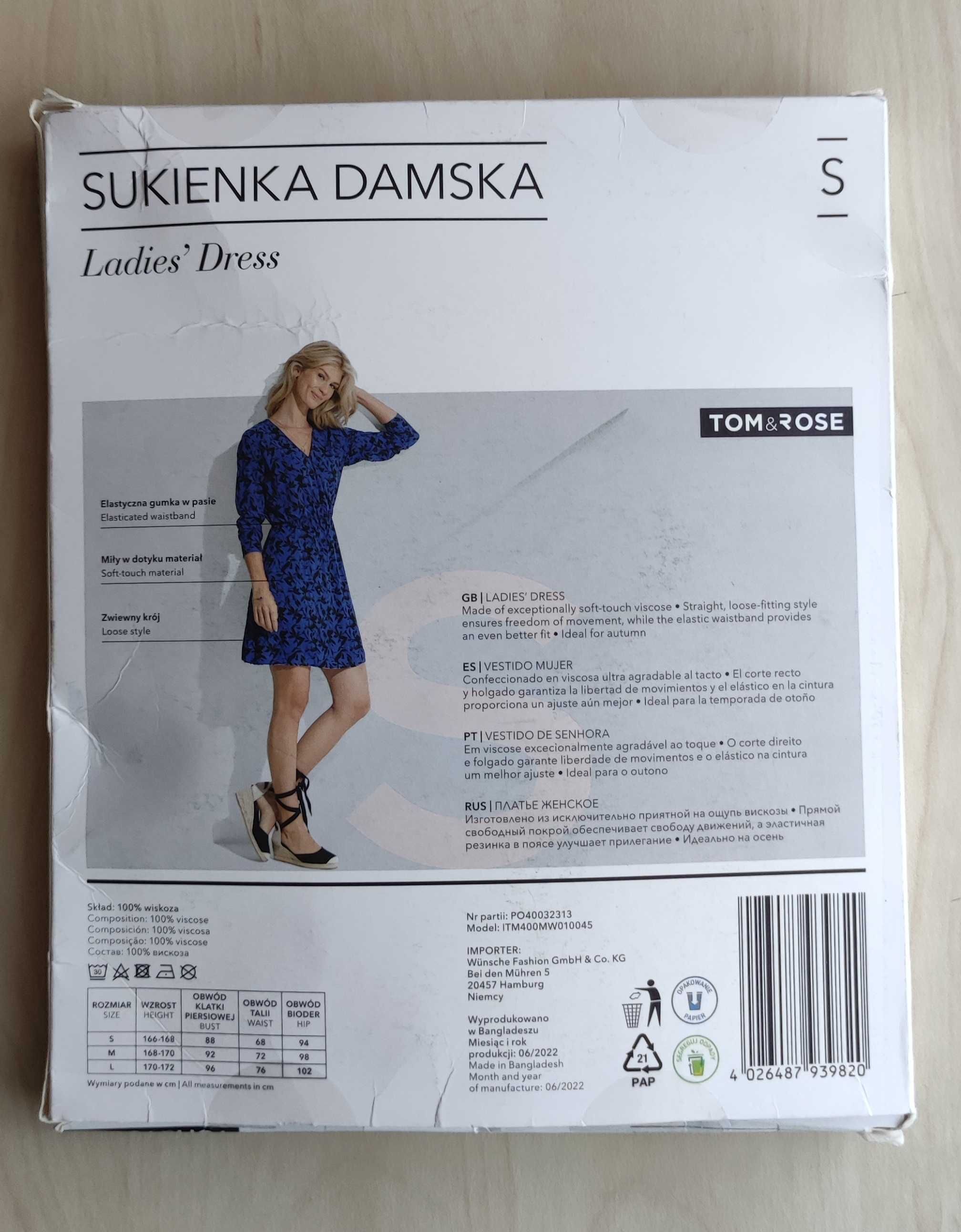 Sukienka granatowa, S, długość 87 cm przed kolano, wiskoza