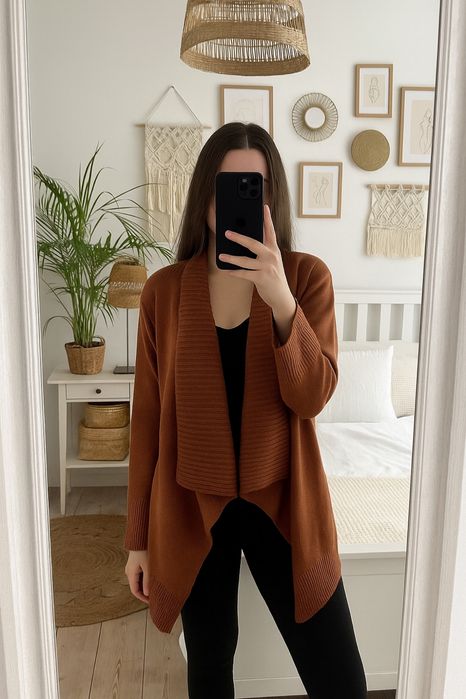 Sweter narzutka pleciona luźny brązowy jesienny wiosna czekoladowy