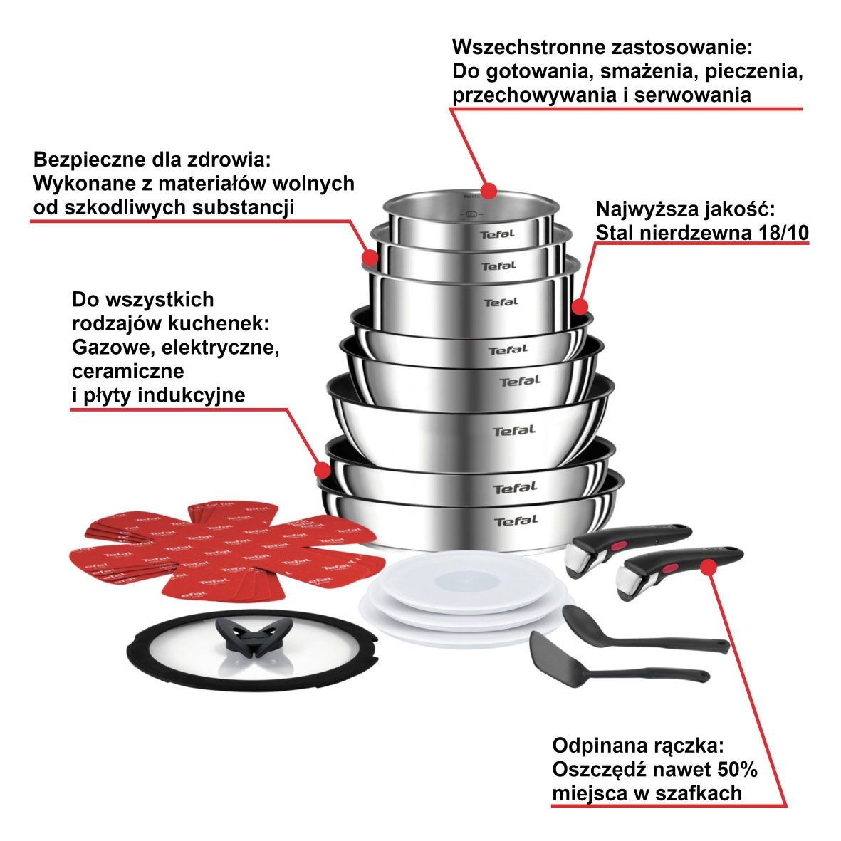 Nowy fabryczny zestaw garnków i patelni TEFAL Ingenio Emotion, 20 el.