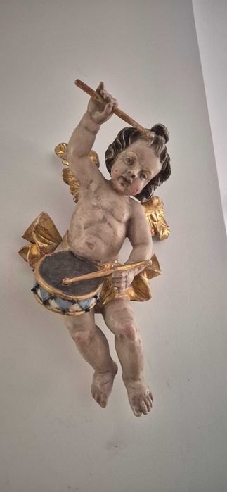 Antyk stara drewniana rzeźba aniołek putto cherubin barok unikat