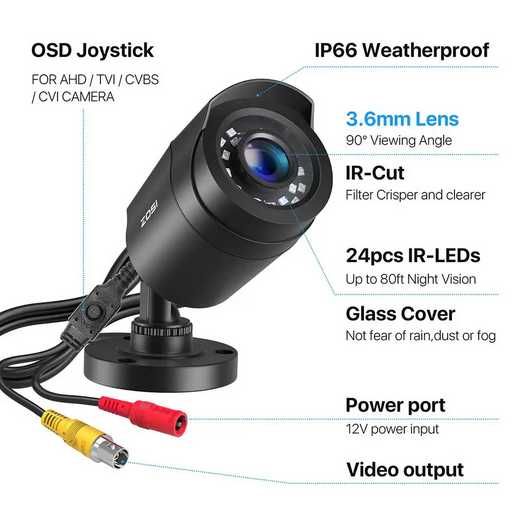 Câmara Zosi CCTV preto Kit Videovigilância + Cabo vídeo BNC Coaxial