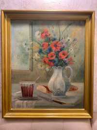 Картина"Квіти на столі"з підписом худ.олія на полотні.Роз.54*63,5 см