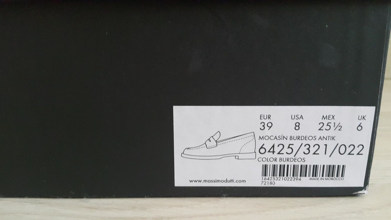 Mokasyny ciemno bordowe 39 Massimo Dutti