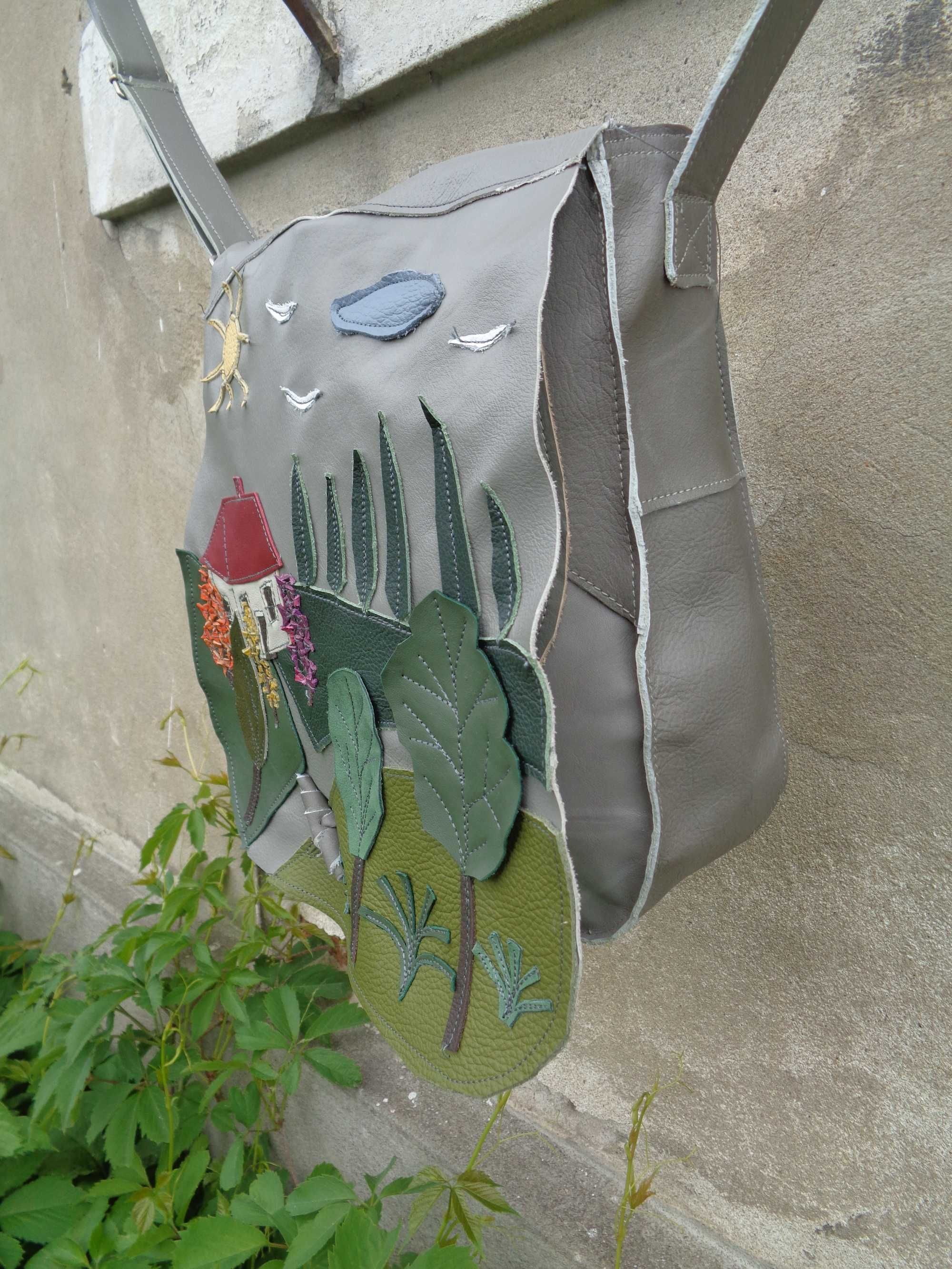 Artystyczna torba skórzana z sielskim widokiem. Handmade