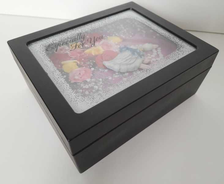 Czarna grająca szkatułka lustro pudełko na biżuterię Vintage z lat 90