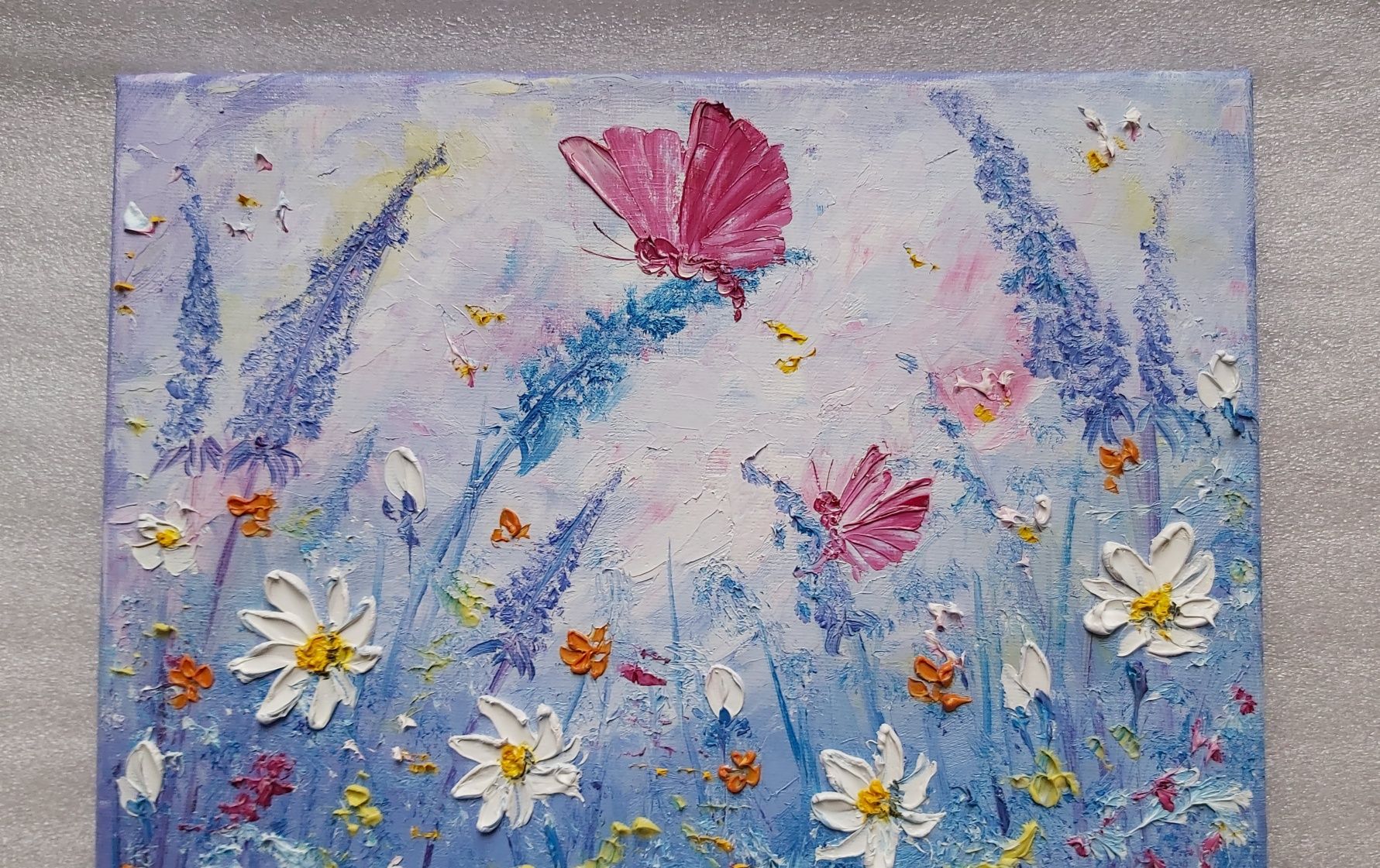 Niebieska Łąka Motyl 30x30cm obraz olejny abstrakcja na płótnie