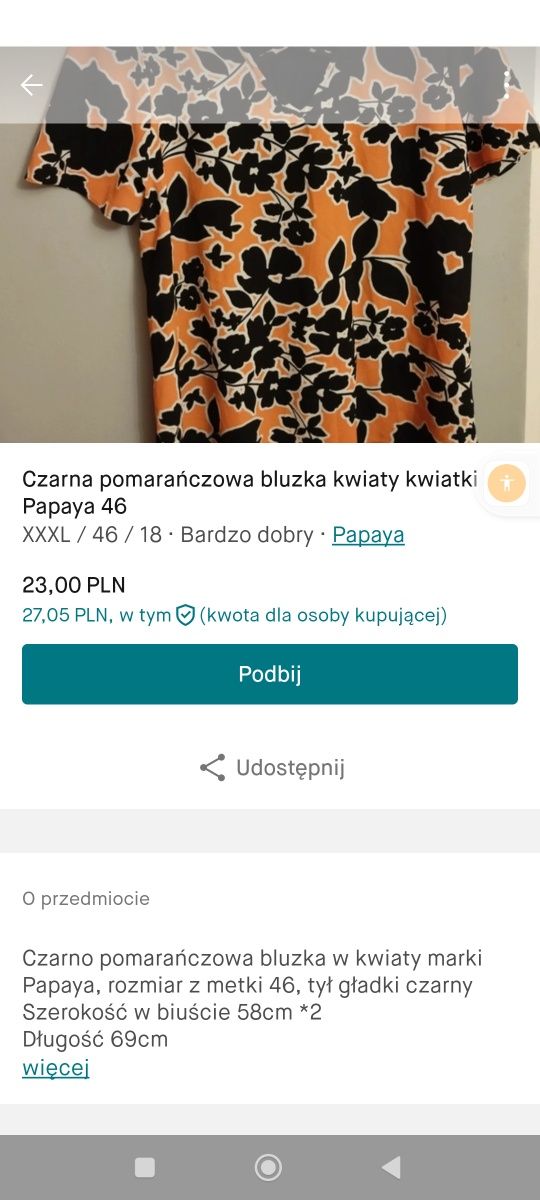 Czarno pomarańczowa bluzka kwiaty kwiatki Papaya 46