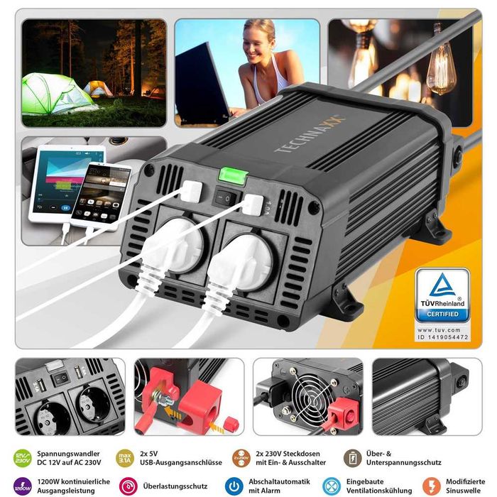 Інвертор/перетворювач напруги TECHNAXX TE16 1200W/2400w (Німеччина)