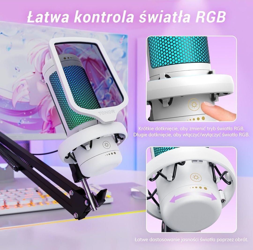 Mikrofon USB do gier TONOR TC310+ z regulowanymi trybami RGB i jasnośc